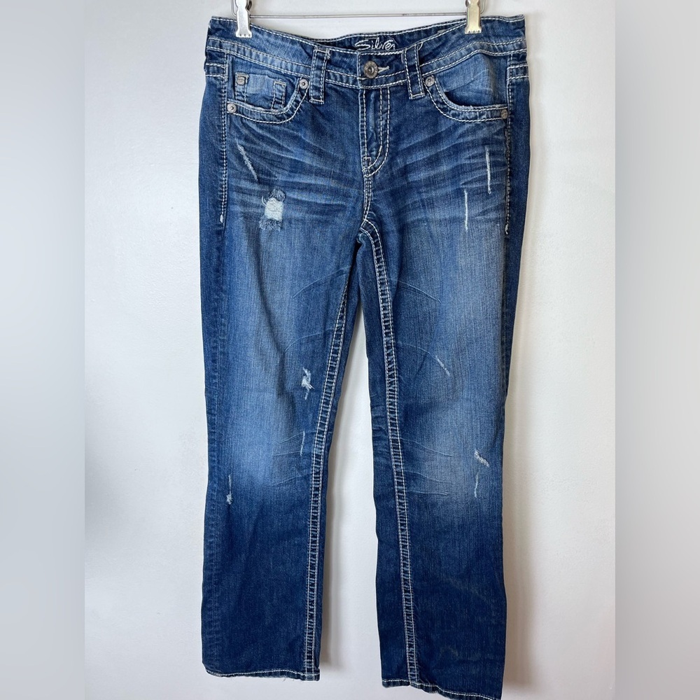Silver Lola 17 Jeans Women's 29 X 33 Blue Denim Distressed Straight Leg Zip Fly